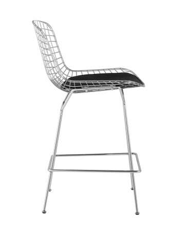 Стул полубарный с низкой спинкой Bertoia хромированный с черной подушкой (Стул полубарный Bertoia серебристый)